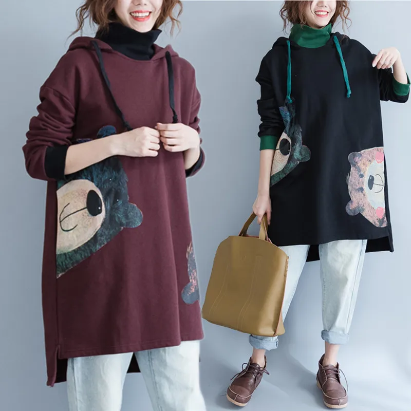 

Plus Size 5XL Autumn Winter Women Fashion Kawaii Bear Print Long Sleeve Tops Lady Female Big Warm Thick Fleece Cotton Sweatshirt