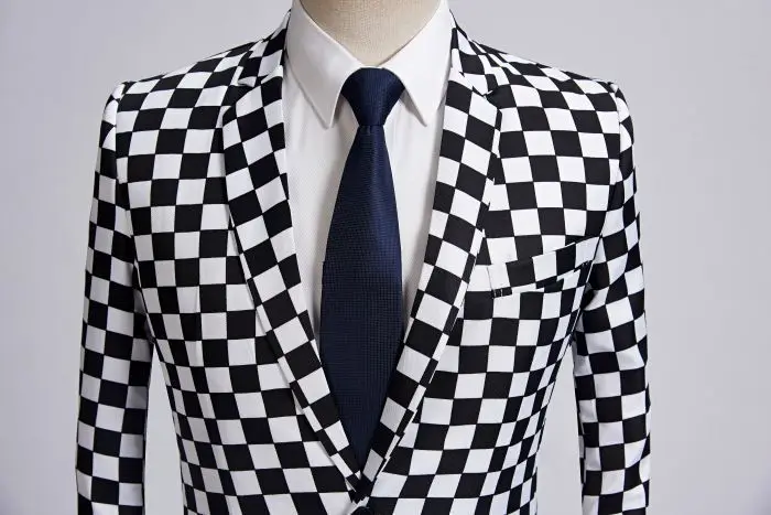 Fashion Suit Men Black White Plaid 2 