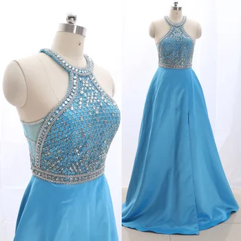 

MACloth Sky Blue A-Line Halter Floor-Length Long Crystal Tulle Prom Dresses Dress M 265620 Clearance