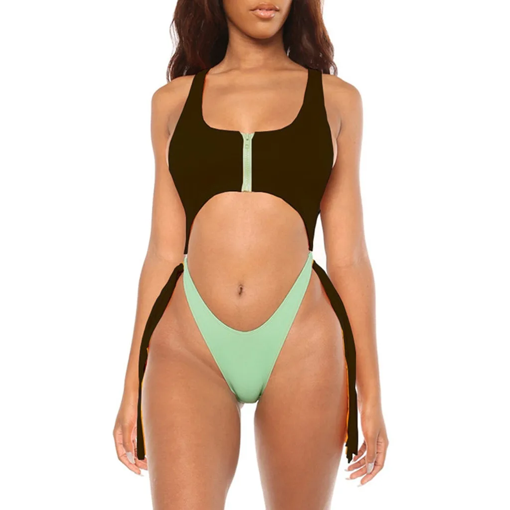 

Summer Sexy Swimwear Women One-Piece Swimsuit Patchwork Zipper Solid Bandage Bikini Set Beachwear Maillot De Bain Femme Biquini