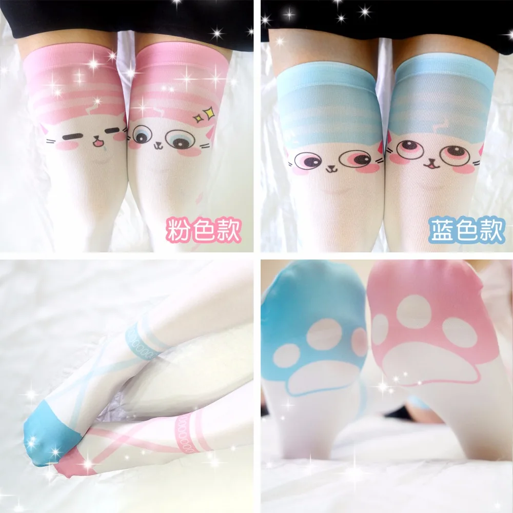 

Anime Pink Blue Cat Women's Lolita White Over-knee Stockings Velvet Thigh High Sexy Long Stockings Cosplay Japanese Girls