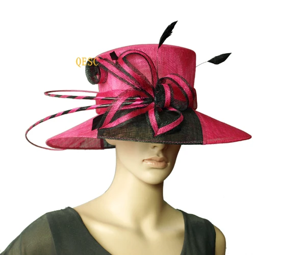 NEW FUCHSIA/BLACK two tone wide brim dress Sinamay Hats Church hats,for