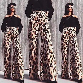 

Causal Women Autumn Leopard Pants 2018 Drawstring Bandage Wide Leg Pants Loose Straight Trousers Long Female Plus Size Trousers