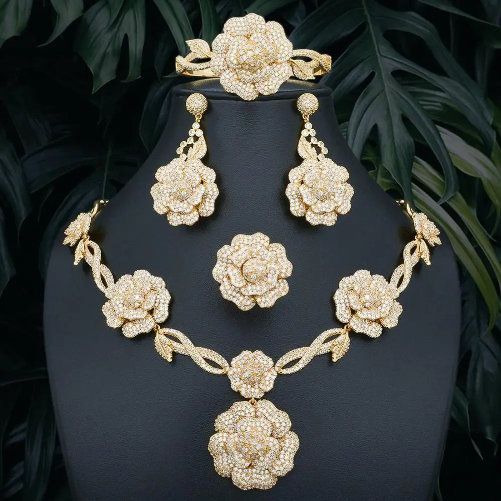 

ModemAngel Elegant Flower Gold Color Copper Women Wedding Fashion Olive Necklace Bangle Earring Ring Fashion Set