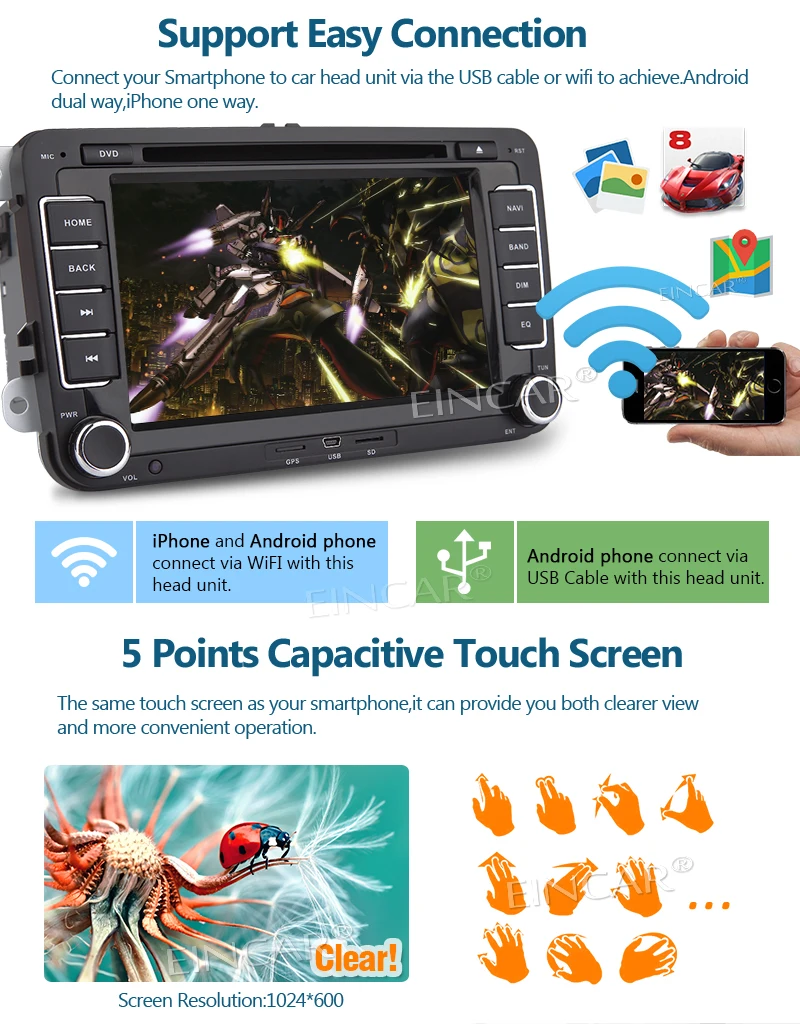 Cheap Eincar Autoradio 2 Din Car Stereo 7 Inch Touch Screen Car DVD Player Head Unit with Android 7.1 Radio For VW GPS Navigation 4