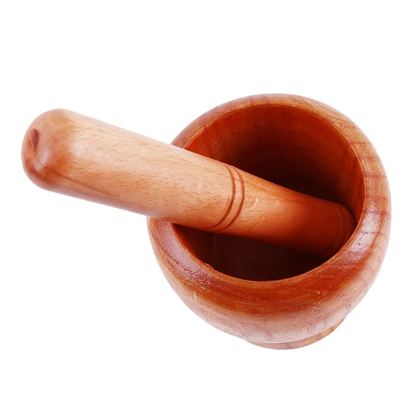 Wooden Mortar & Pestle Grinding Bowl Set Garlic Press Ginger Crush Pot