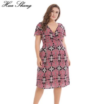 

Print Plus Size Dress Sexy Deep V-neck 2018 Women Boho Beach Sundress Cotton Maxi Butterfly Short-sleeved Waist Mid-calf Dresses