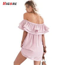 High Fashion Women Sexy Double Ruffle Dress 2017 Off Shoulder Dress Summer Beach Solid Color Loose Slash Neck Dresses Plus Size