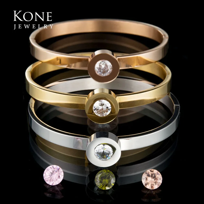 

Famous Brand Luxury Cuff Bracelets Gold Color Stainless Steel CZ Stone Bangle For Women Wedding Gift