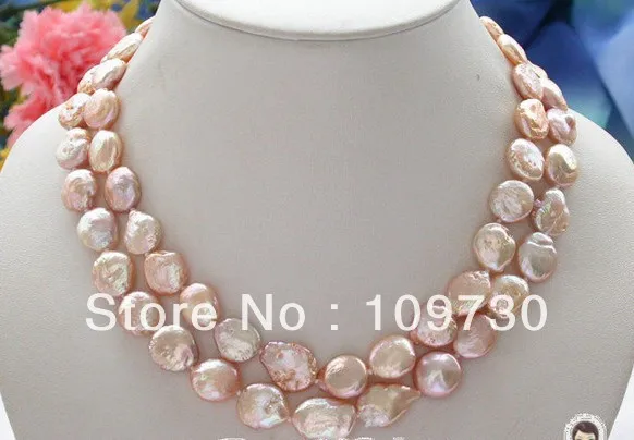 

Jewelry 001684 2row 14mm pink coin freshwater cultured pearl necklace