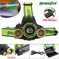 SKYWOLFEYE T6 3 светодиодный 2200 LM фары USB Перезаряжаемые Масштабируемые 18650 Батарея регулируемый фокус Фонари факел DD