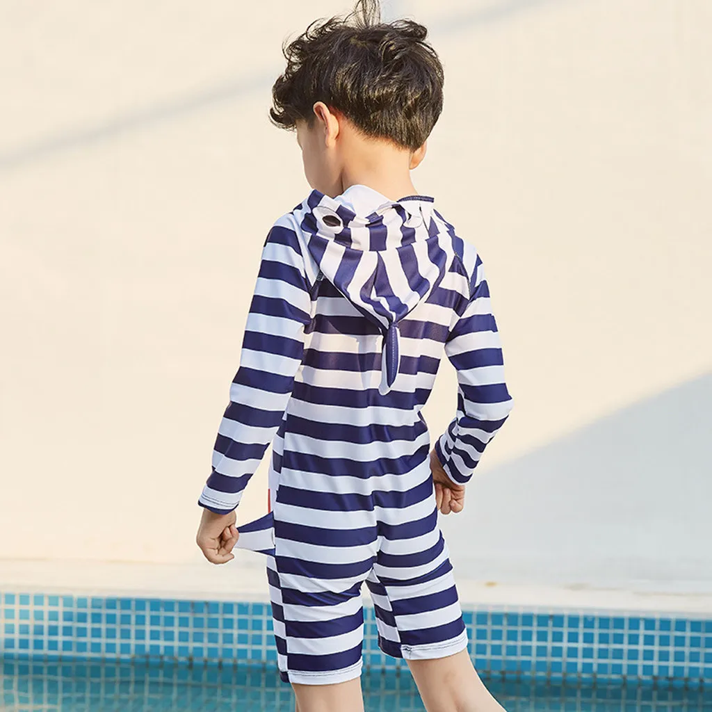 New summer bathing suit Boys Long Sleeve Conjoined Boxer Shark Print Swimsuit Hooded Sunscreen Swimwear 30