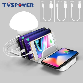 

3 Port USB Fast Charging Phone Charger QC 3.0 Quick Charge Dock Mushroom LED Lamp Light Wireless Charger for iphone X 8 Samsung