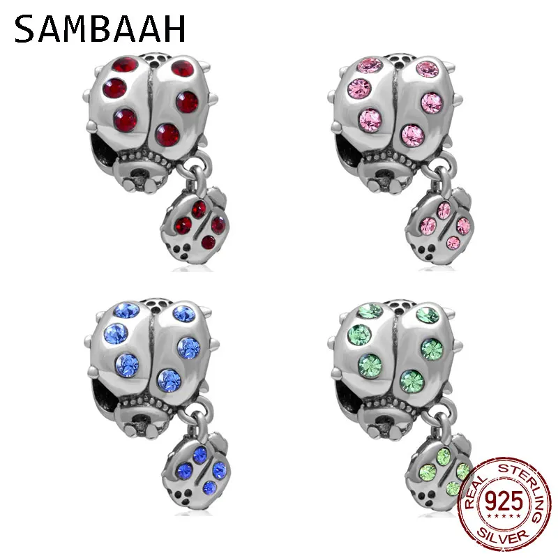 

Sambaah Ladybug with Dangling Smaller Ladybug Charm with Crystal 925 Sterling Silver Ladybird Beads fit Pandora Animal Bracelet