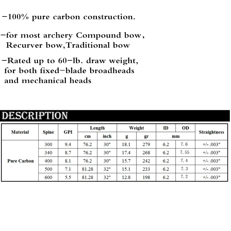 6/12 шт. 3" 32" стрельба из лука чистый углерод стрелка вал SP300-600 ID6.2mm углеродную стрелу валы инструменты сделай-сам стрельбы аксессуары