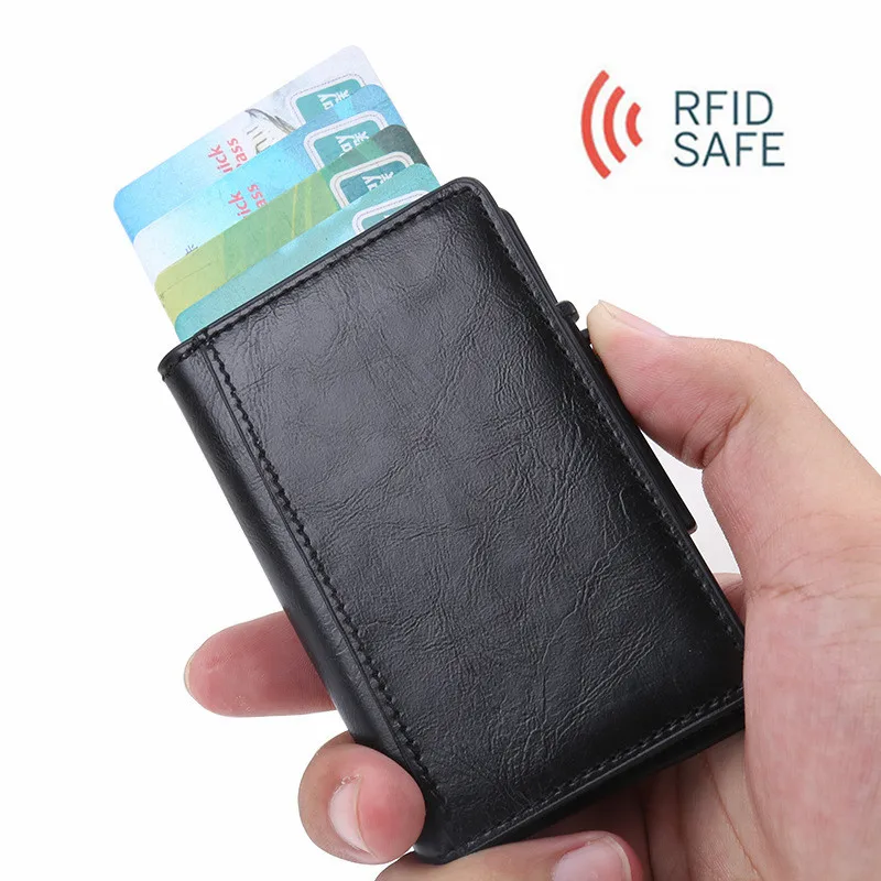 

2019 New Men Aluminum Wallet Flip Pocket ID Card Holder RFID Blocking Mini Magic PU Wallet Automatic Credit Card Coin Purse