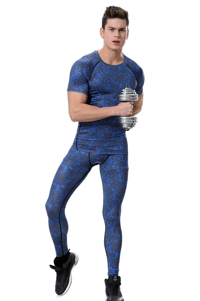 Новый 2019 Фитнес Для мужчин комплектов сжатия рубашки + леггинсы Base Слои Crossfit брендовая футболка с длинным рукавом Костюмы
