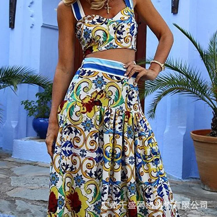 Boho New Women Two Piece Set Sexy Crop Tops and Long Skirt Short Floral Print Suits Bohemian High Waist Casual Flower Print Set