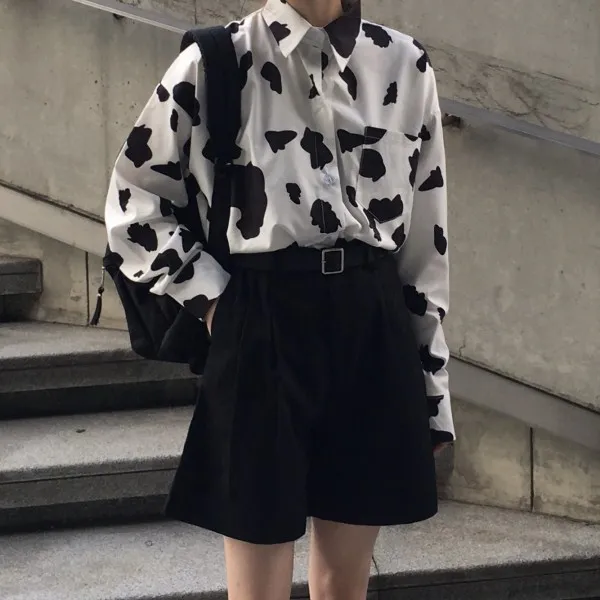 Женские Летние Осенние блузки с принтом коровы+ шорты, рубашки с длинным рукавом+ широкие шорты