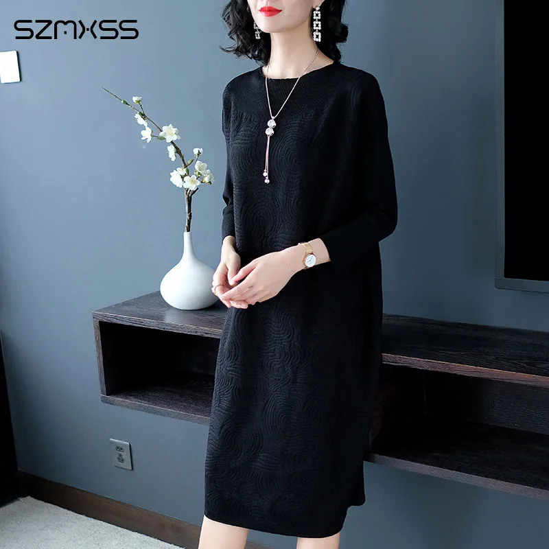 Knit dress female autumn and winter new Korean casual elegant long Dress solid color O-neck long sleeve over knee dresses - Цвет: BLACK