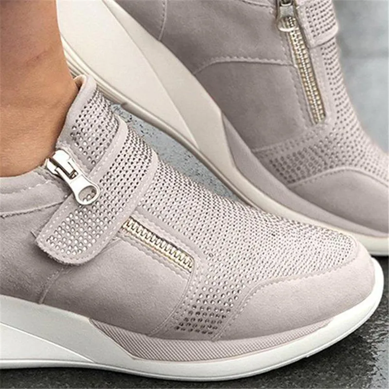 Laamei/Новое поступление года; женские повседневные кроссовки из флока на высоком каблуке; дышащая обувь на платформе, увеличивающая рост - Цвет: Серый