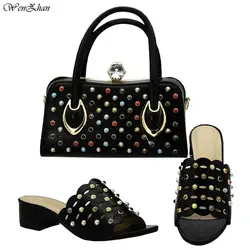 Красивые черные туфли и сумочка в комплекте с цветными бусинами, нигерийские Свадебные туфли и сумочка в комплекте, 37-42, для вечерние, D812-28