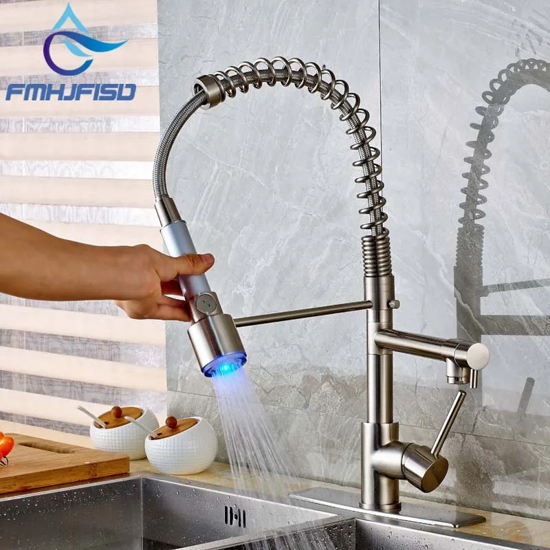

Deck Mounted Brushed Nickel Kitchen Faucet Spring Dual Spout Vessel Sink Mixer Tap with LED Light Sprayer