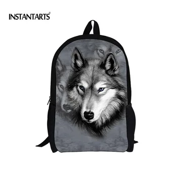 

INSTANTARTS Cool Animal Wolf Printed Children School Bags 17 Inch Book Bag for Primary School Student Mochila Teen Boys Backpack