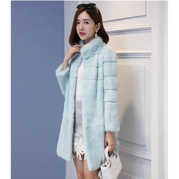 

Stand collar wave cut striped genuine rabbit fur winter coat women full sleeve X-long 90 cm real fur coats and jackets