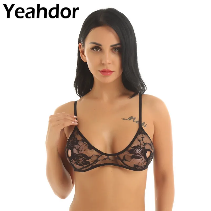 

Sexy Womens Soft Floral Lace Lingerie Sheer Open Nipple Hollow out Bralette Wire-free Unlined Bra Bra Tops Nightwear Underwear