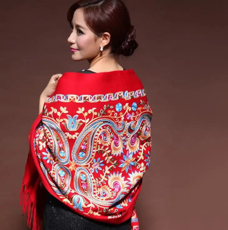 Высокое качество, женские шали, шаль, шерсть, накидка, глушитель, непальский стиль, Пашмина, Mujer Bufanda, вышивка, шарфы, цветочные Мантилья - Цвет: Red