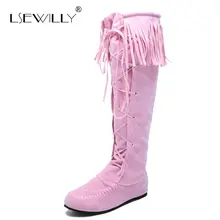 Lsewilly/женские высокие сапоги из флока на плоской подошве со шнуровкой и бахромой; женские сапоги до колена с кисточками; сезон весна-осень; большие размеры; AA224