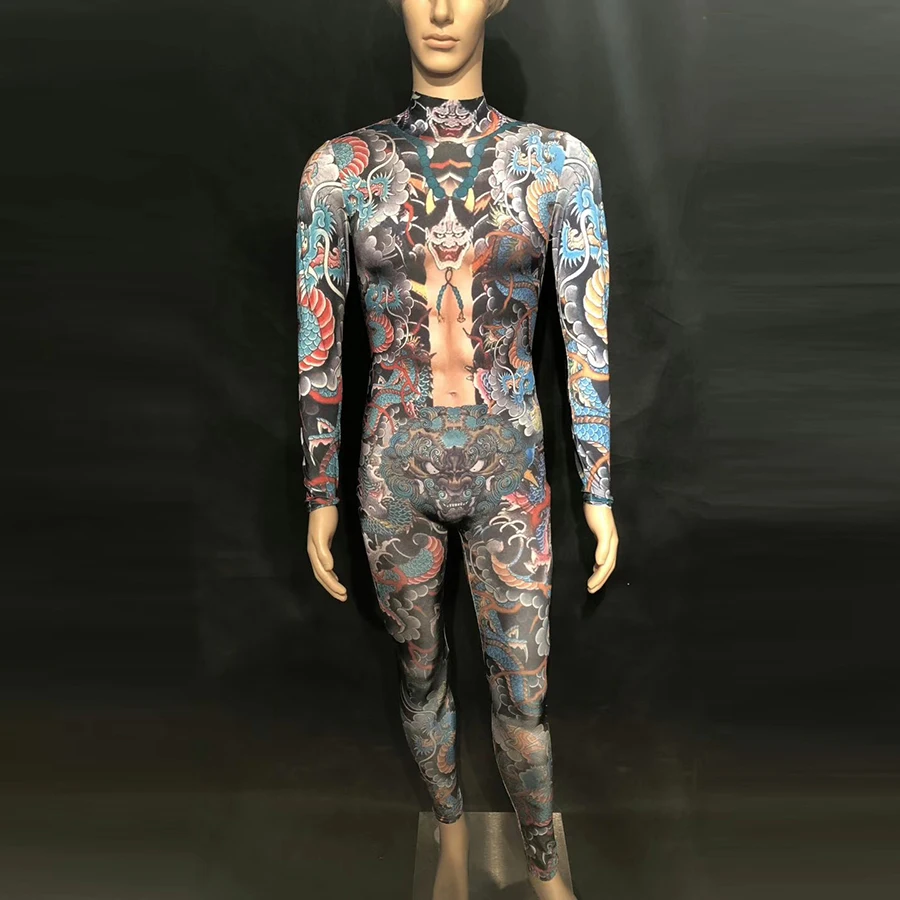 

New Male Singer Stage Costume Men Jumpsuit Dance Wear DJ DS JAZZ Show Sexy Performances Dance Outfit Party Printing Bodysuit