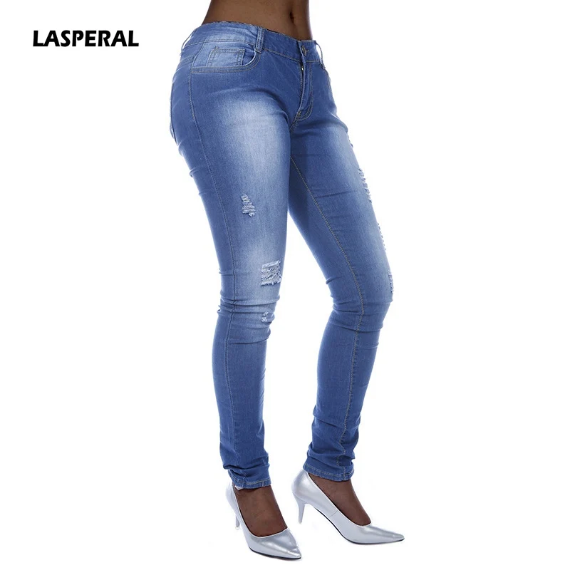 

LASPERAL Women's Hole Jeans With Midi Waist 2017 New Spring Pencil Leggings Holes Ripped Jeans Denim Pants Sexy Skinny Trousers