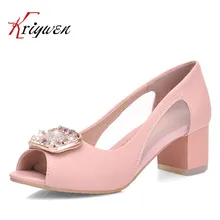 Plus size31-43 Hot sale women cut-outs open toe rhinestone female ladies shoes shallow party pink blue beige thick heels sandals