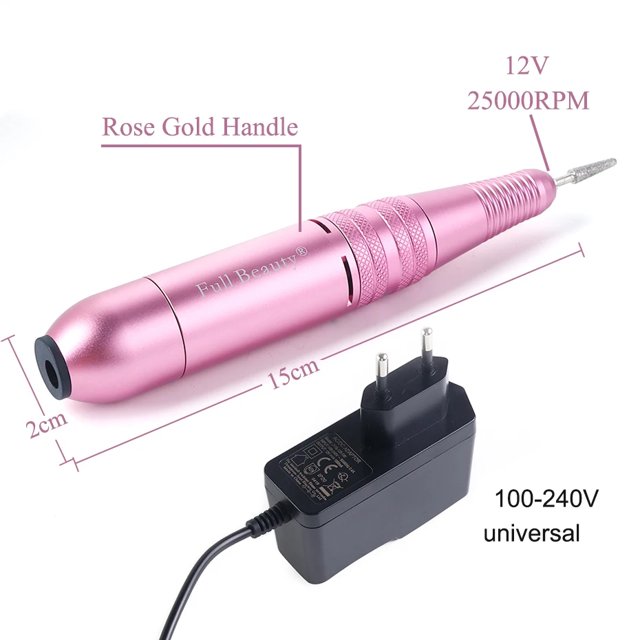 1 Набор, 25000 об/мин, машинка для маникюра, электрическая дрель для ногтей, ручка, портативный 12 В, розовый наконечник, фреза для педикюра, фреза для ногтей, набор файлов CHMT05