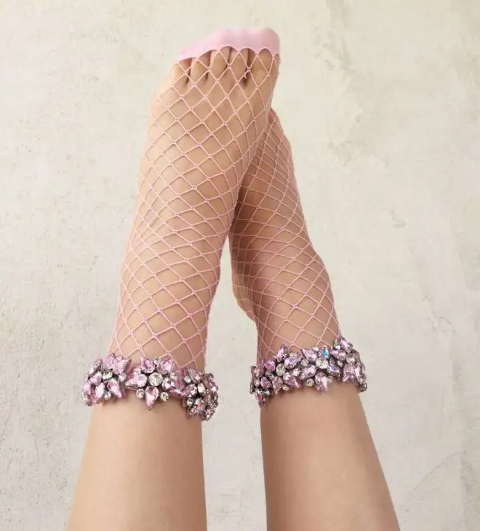 5 цветов. Женские разноцветные блестящие сетчатые носки в стиле Харадзюку с пятиконечной звездой, стразы. Сексуальные женские сетчатые носки до щиколотки со звездами
