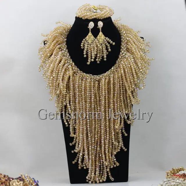 Luxe Champagne Or Mariage Nigérian Perles Africaines Ensemble de Bijoux Pleine Perles Bib Déclaration Collier Set