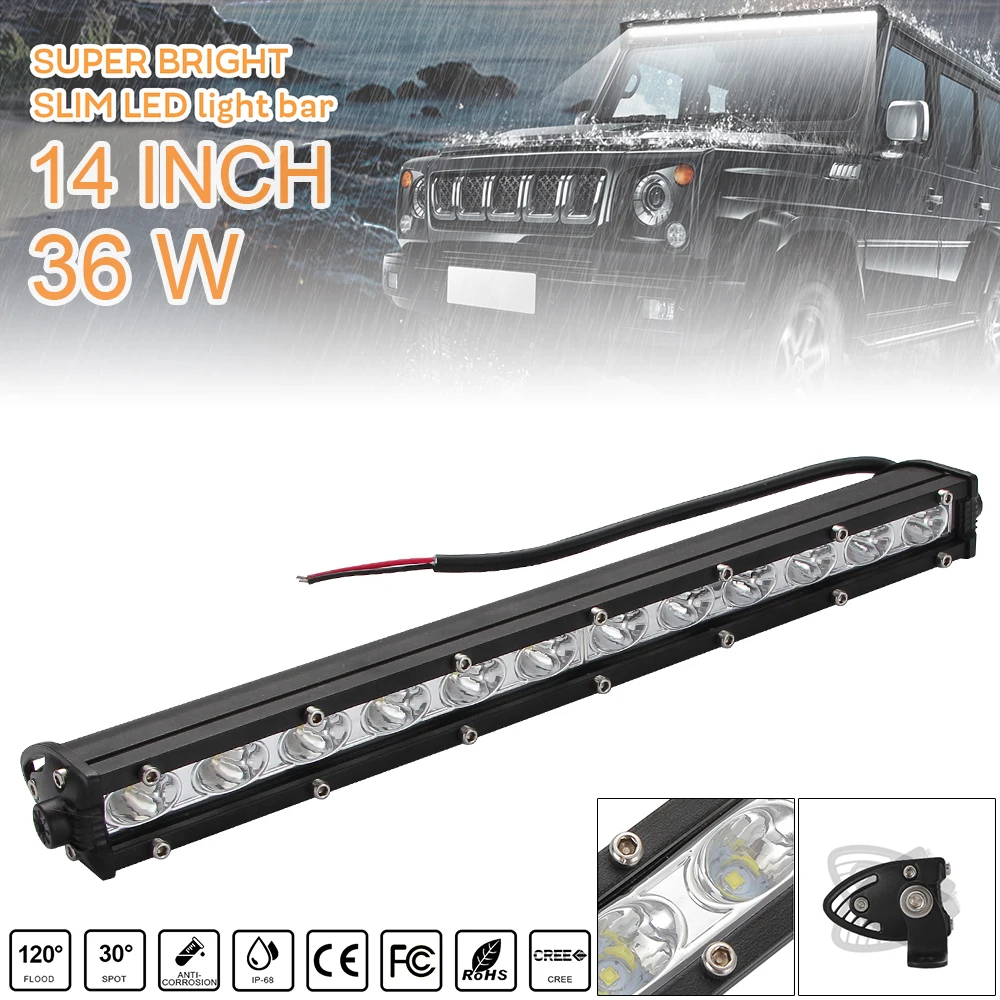 

14 Inch 36W Car LED Strip Light Bar Single Row Off Road Led Lights Car Headlight Bulbs for Jeeps SUV Motorcycles Car Auto