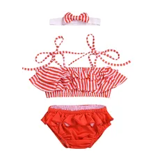 Детские купальники для девочек, пляжная одежда, купальный костюм из двух предметов для девочек, полосатый бантик, повязка на голову, бикини, пляжный комплект L527
