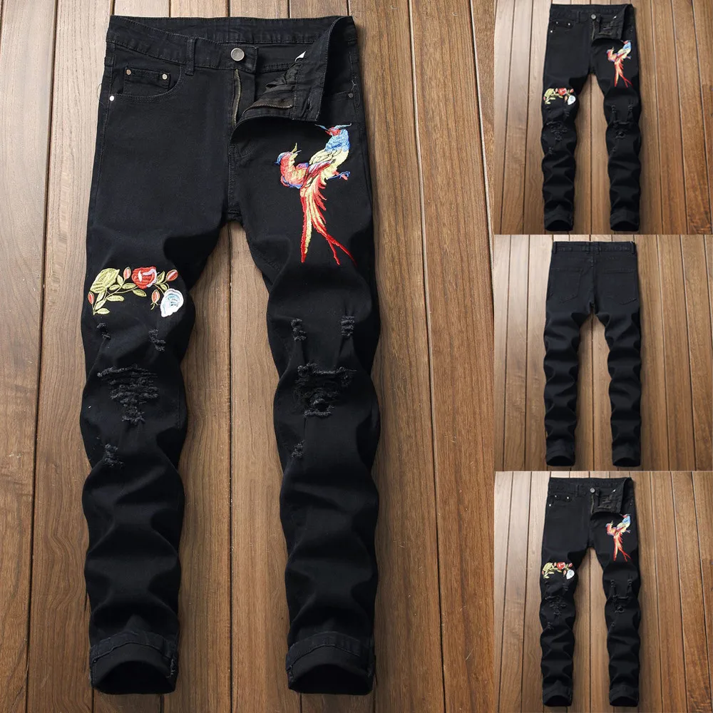 

2019 Men's new fashion embroidery hole jeans fashion solid color zipper pants pants 6.14