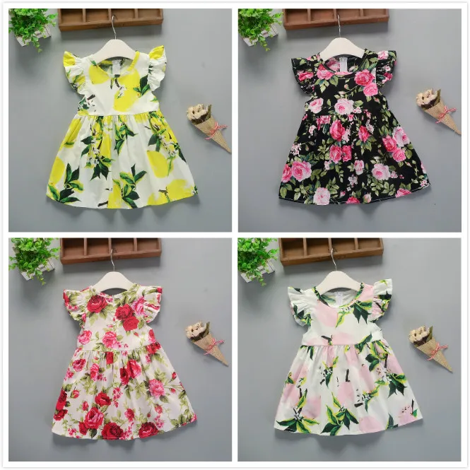 

Girls Dresses Summer 2019 Children's Girl Flying Sleeves Flower Print Cotton Flower Dress Baby Girl Spring Summer Girls Dress