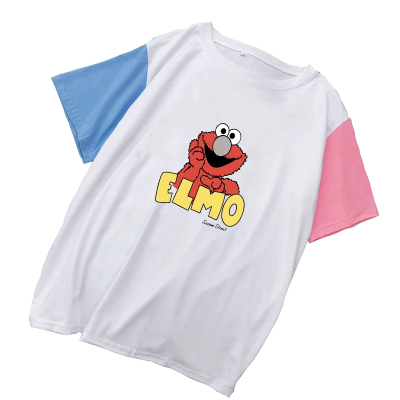 

Sweet T Shirt Kawaii Sesame Street Elmo Cartoon Print Tee Women Summer Streetwear Harajuku Girls Colorblock Splicing Cotton Tops