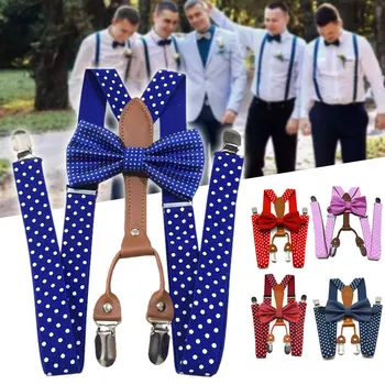 

Men Women Polka Dot Tie Suspenders 4 Clips Leather Suspensorio Braces FS99