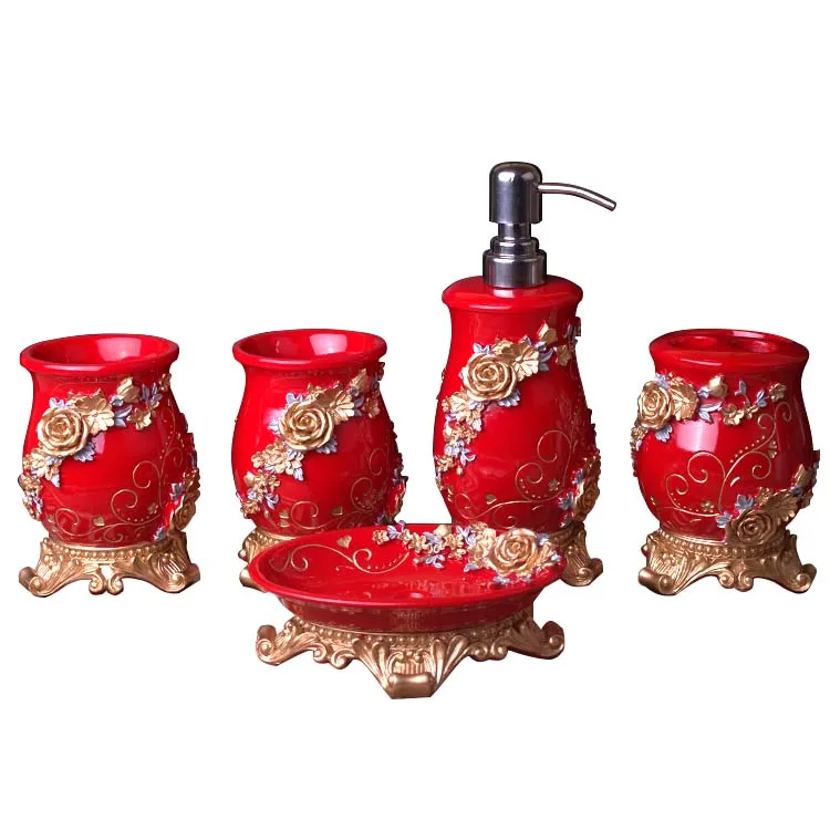 Five sets China Red Bathroom Products Resin Bath Lotion Bottle Toothbrush Holder Soap Dish