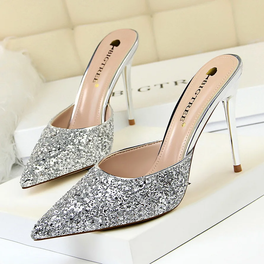 

Slingback Pumps women shoes silver high heels summer Mules Fashion minimalist metal bright pieces wrapped slippers female cool