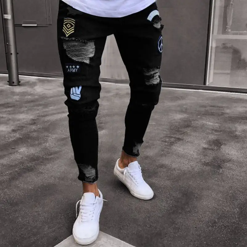 Distressed Skinny Black Jeans Men Slim Fit Mens Street Biker Jeans Hole Patchwork Applique Denim Pants Punk Hip Hop Pants 2018