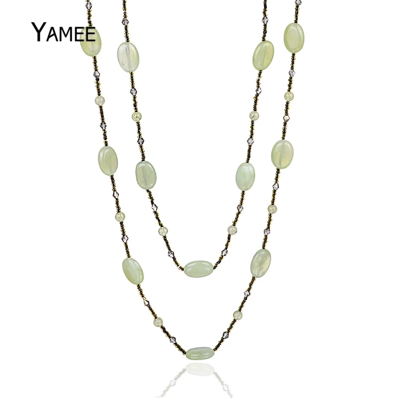 

Long Sweater Chain Necklace Natural Gem Stone Strands Beads Handmade Green Oval Xiu Jades Stones Charm Craft Jewelry For Women