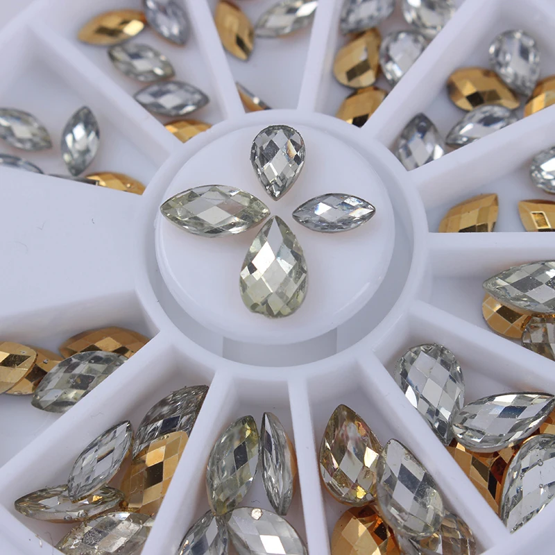 

1 Box 3D Nail Art Decoration in Wheel Gold Silver Rhinestone Mixed Color Waterdrop Design Manicure Nail Decoration Tool