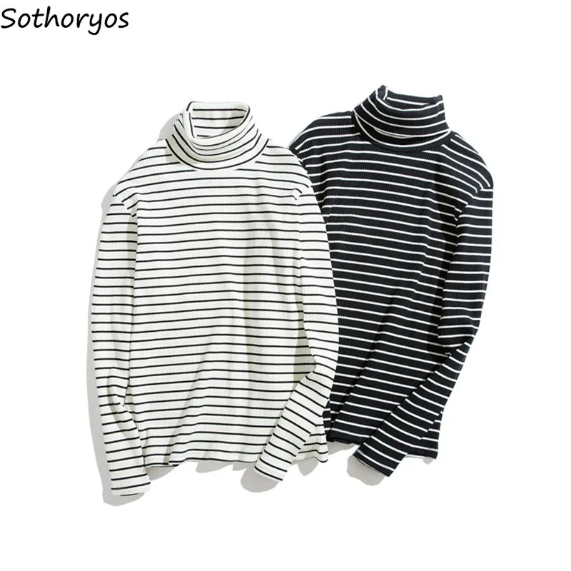 

T-shirts Women Turtleneck Retro Striped Harajuku Long Sleeve T Shirt Student Daily Simple Chic Soft Casual All-match Womens Tops